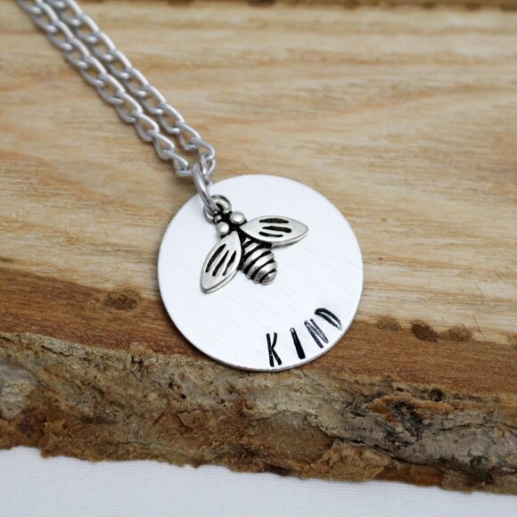 Bee Kind - Hand Stamped Bee Necklace - 18" Chain - Handmade & Hypoallergenic - Picture 1 of 6